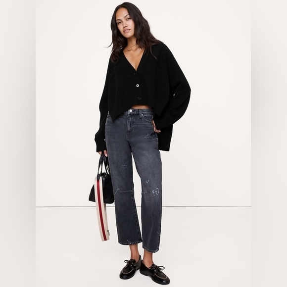 NWT Banana Republic Black Oversized Merino-Cotton High-Low Cardigan - Picture 2 of 4